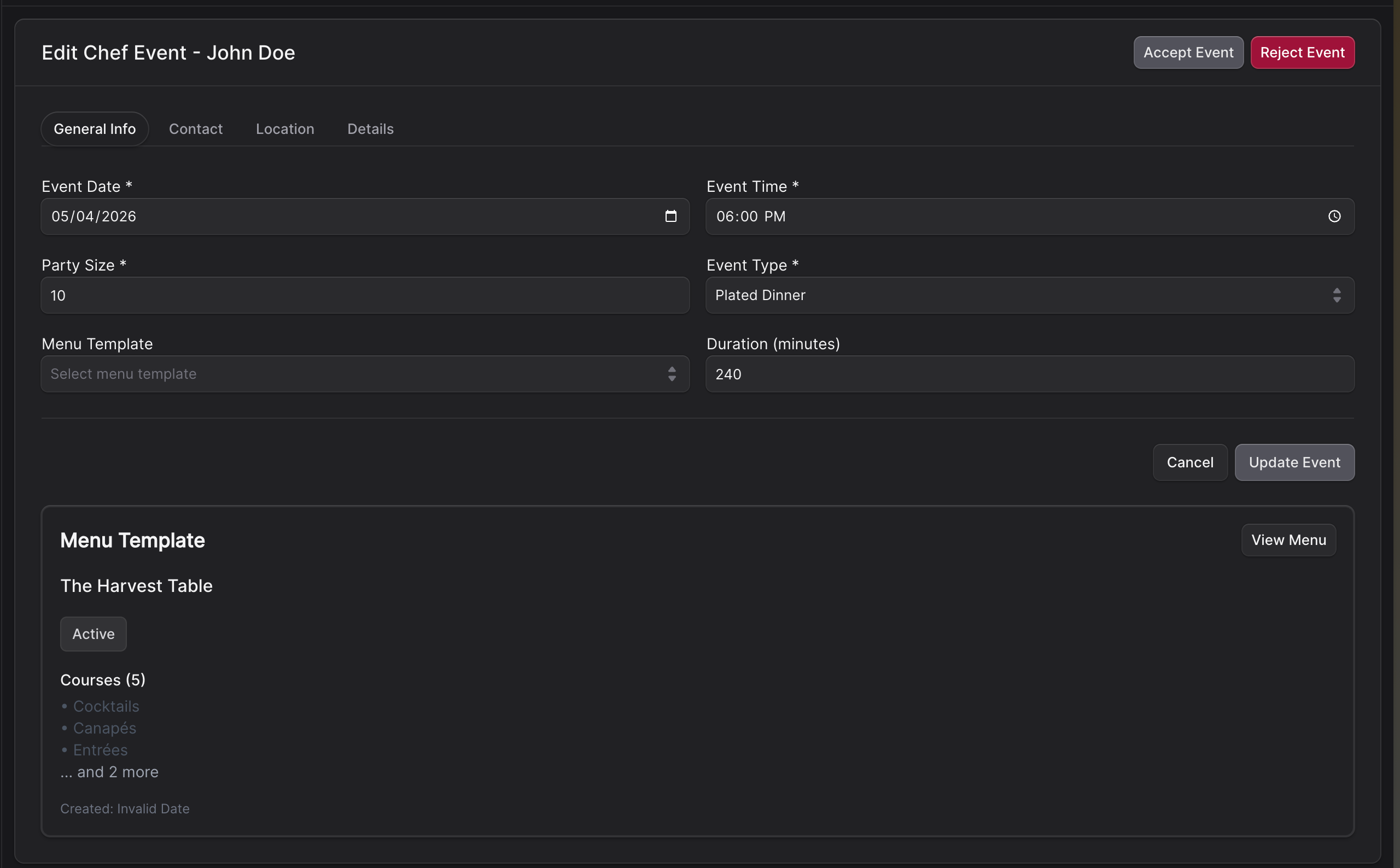 Example admin screen for reviewing an event request with accept and reject actions.