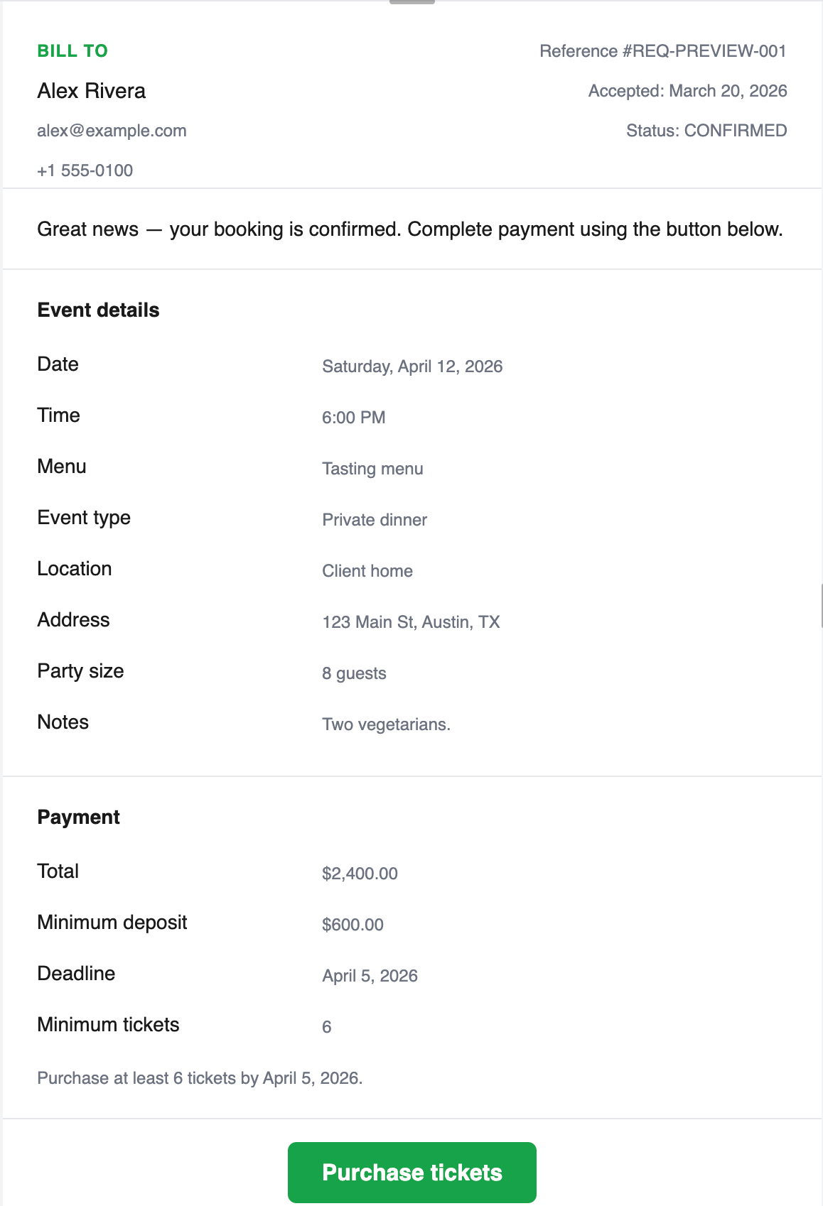 Example email confirmation with event details, payment summary, and a purchase tickets link.