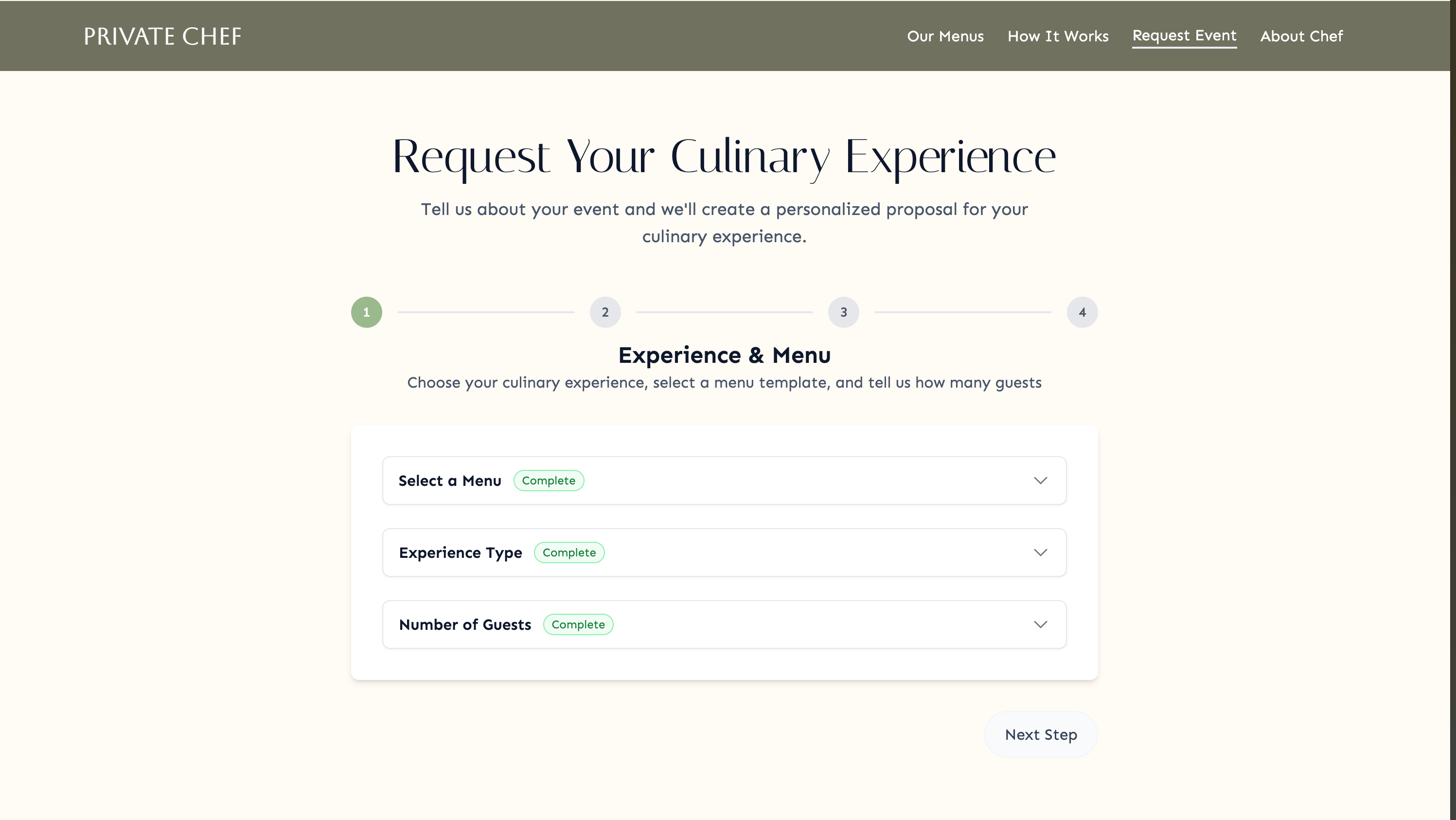 Example multi-step request form for choosing experience type, menu, and guest count.